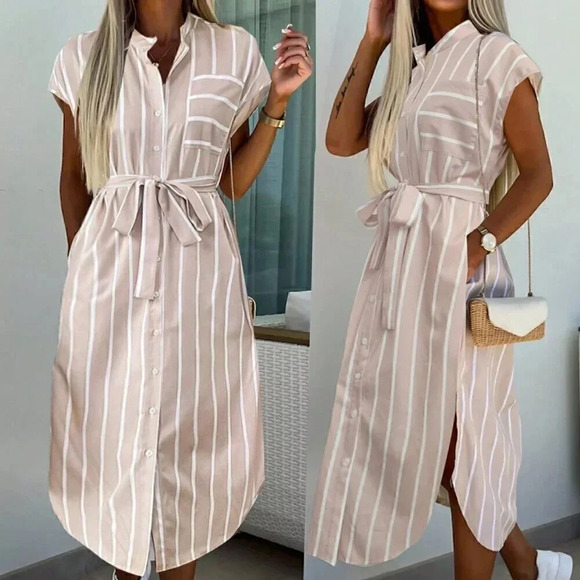 Apricot Casual Women's French-Style Striped Color-Block Shirt Dress - Picture 1 of 8